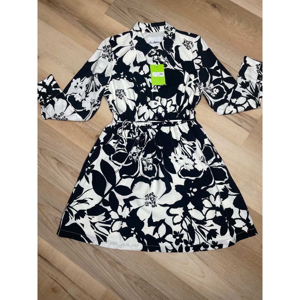 Sam Edelman NWT Floral Button Front Dress Black White Belted Size 10 - Picture 2 of 8